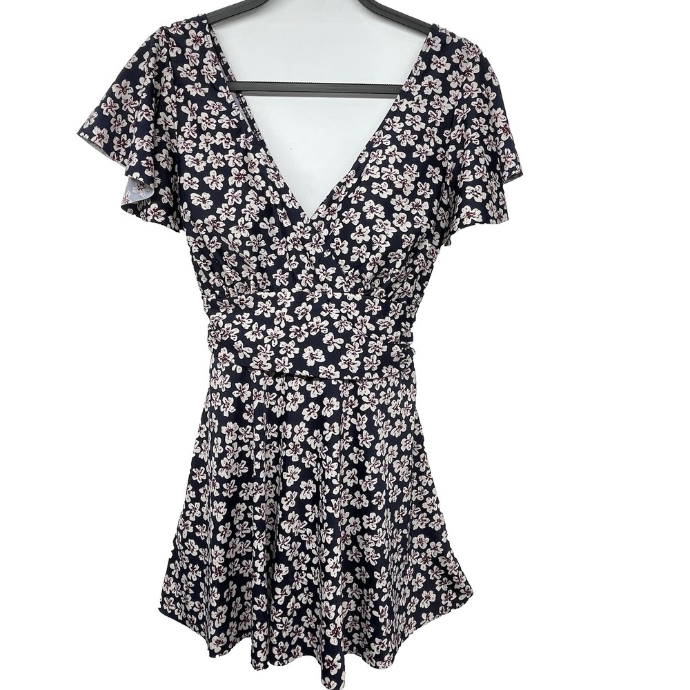 Unbranded Size XS Navy Blue Pink Floral Swimsuit Bathing Wired Cups Skirt Short